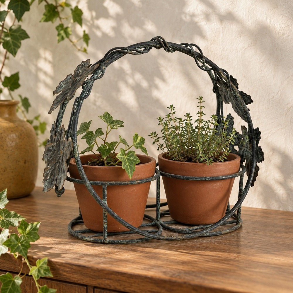 Vintage Double Planter Stand Metal Grapevine Terracotta Pots Garden Decor Whimsy